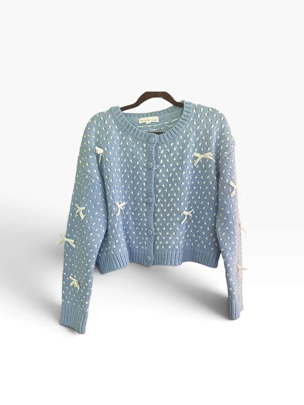 Coquette Bow Boxy Cardigan XL Blue Cream Chunky Knit Balletcore Soft Girl Sweate